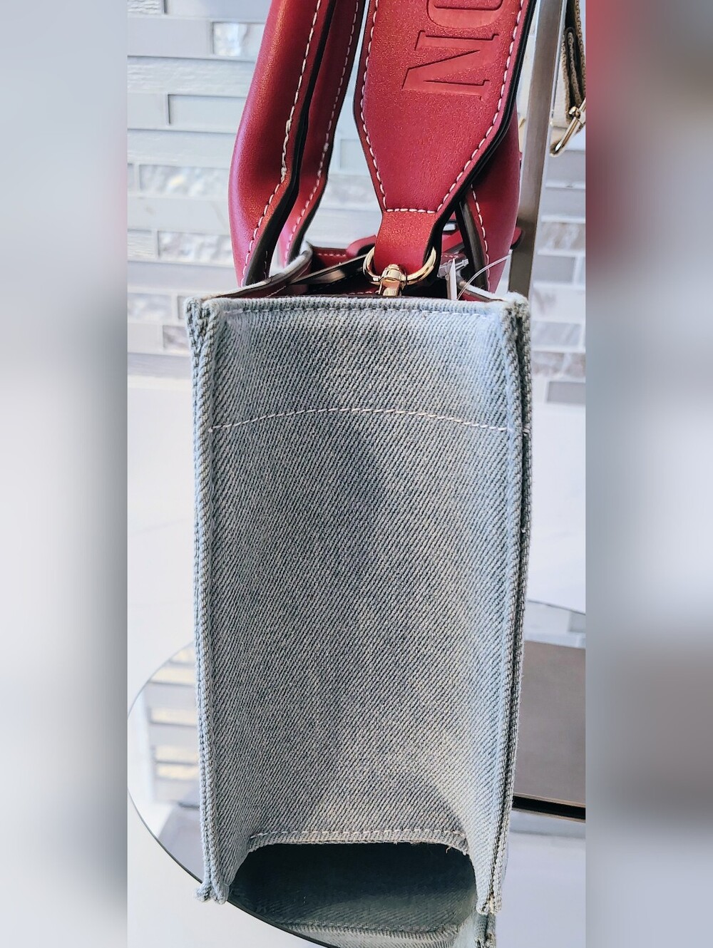 NWT True Religion Denim Tote Bag - Red Leather Trim - Picture 5 of 7